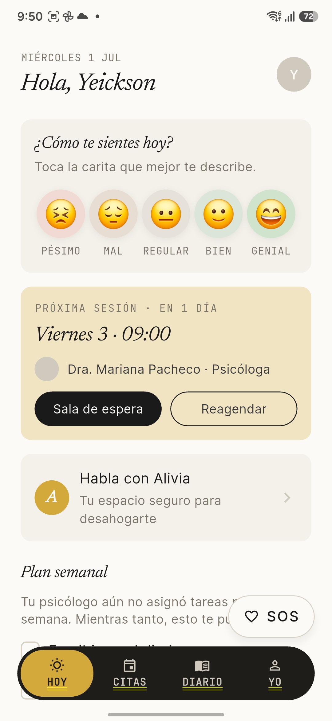 Pantalla de inicio de la app Alivia