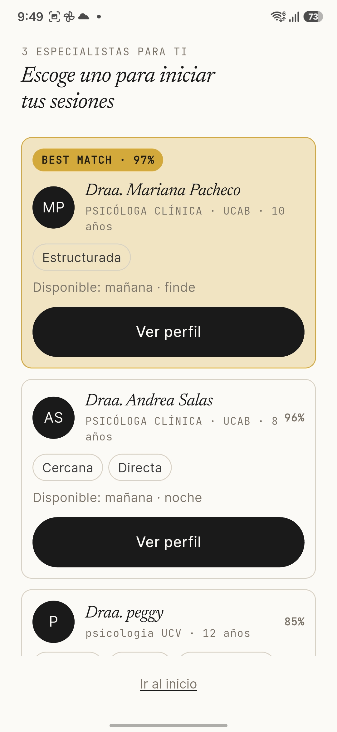 Pantalla de match de psicólogos en Alivia