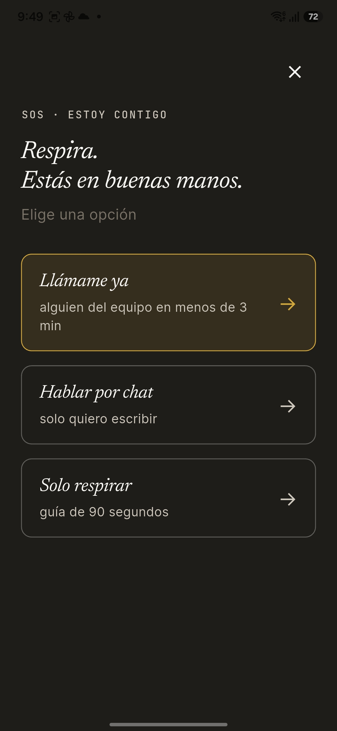 Pantalla SOS de Alivia